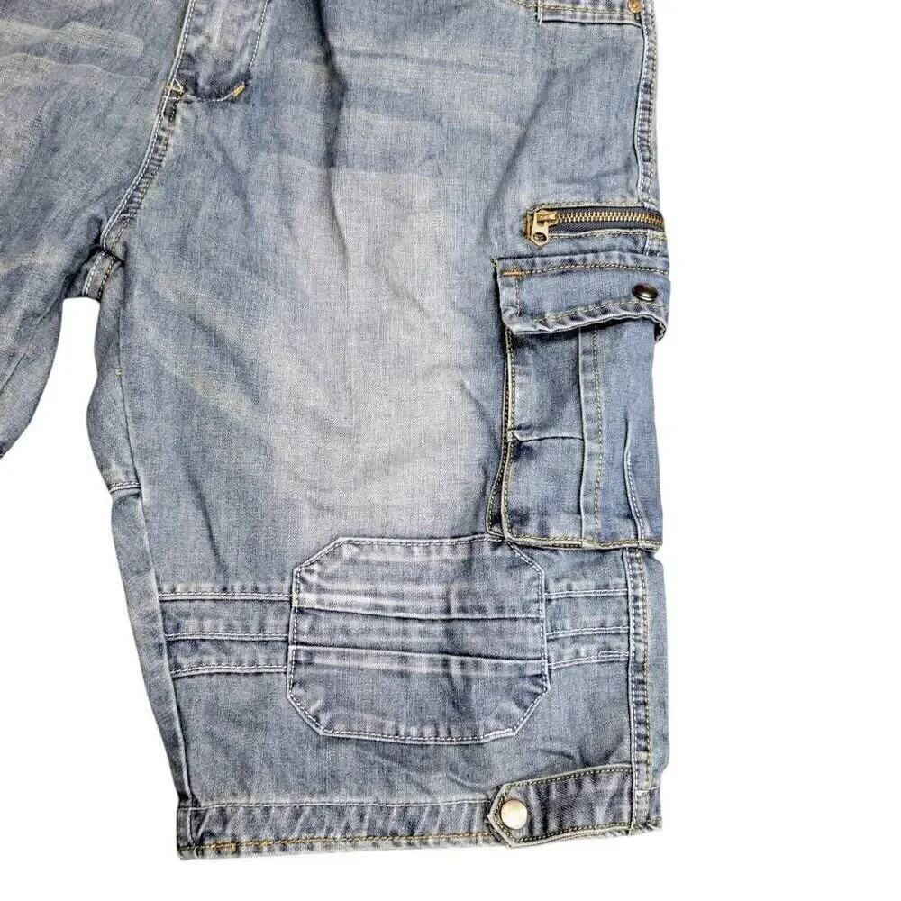 V Jeans Trendy Distressed Denim Cargo & Zip Pockets Blue Jean Shorts